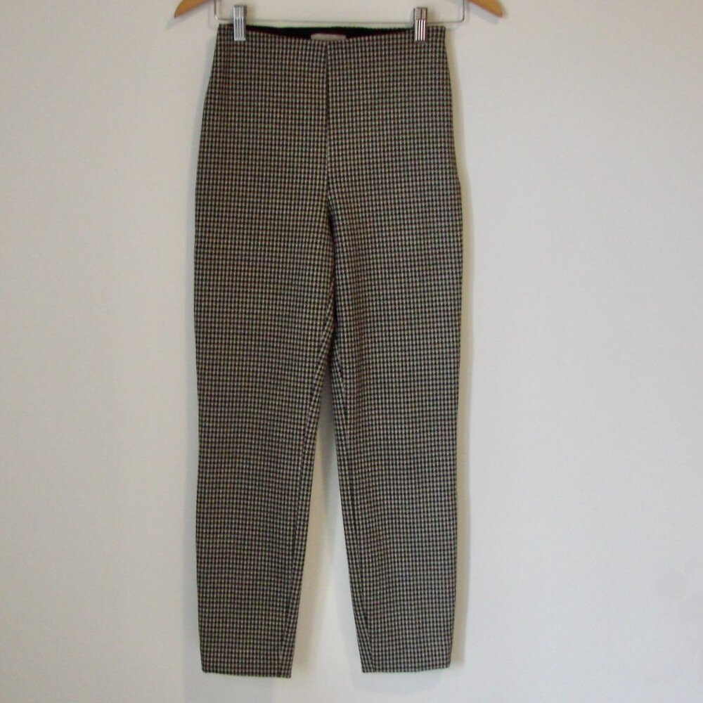 H&M Houndstooth Pants Trousers High Waist Ankle Black Brown Cream Stretch 2